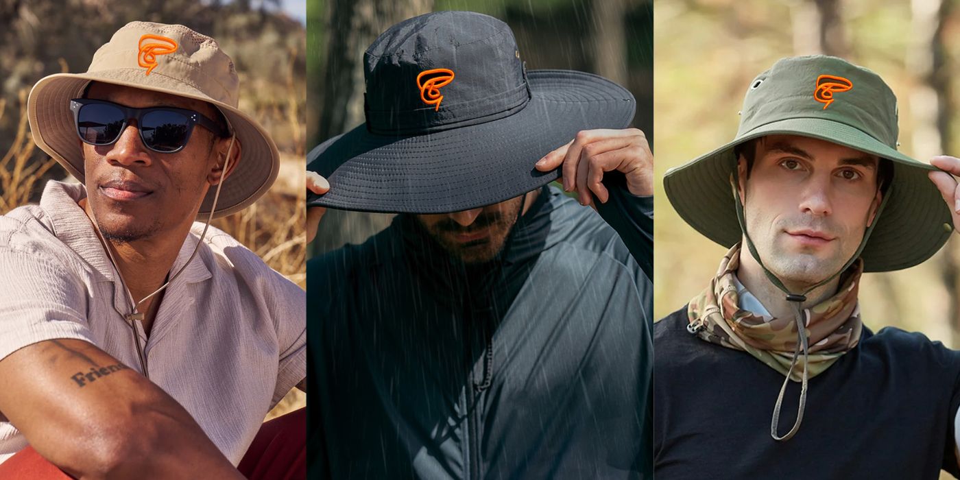 Men wearing BGear beach caps in beige, black, and olive styles from the Beach Caps Collection